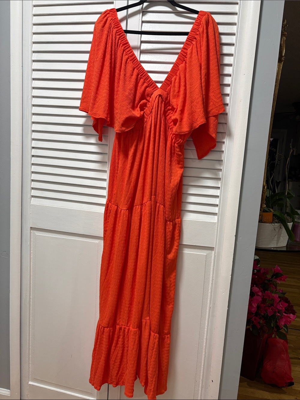 Bright Orange V-Neck Flutter-Sleeve Maxi Dress